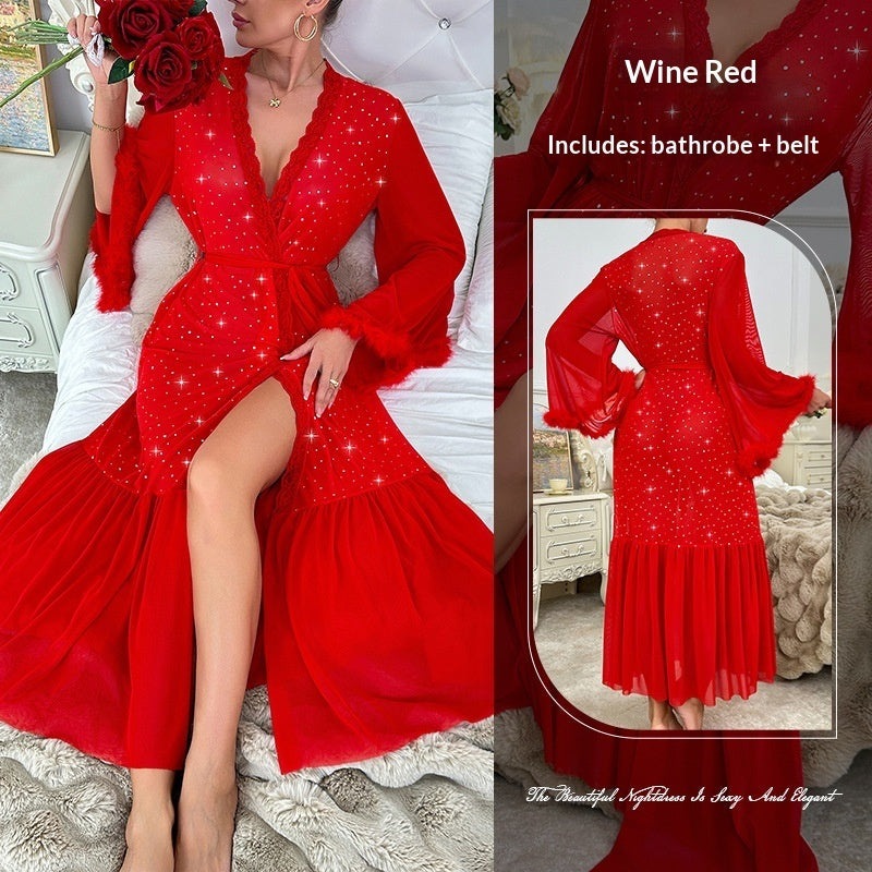 Womens Long-sleeve Velvet Sequin Dress-style Pajamas