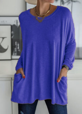 European And American Round Neck Long Sleeve Loose Pocket Solid Color