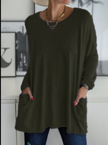 European And American Round Neck Long Sleeve Loose Pocket Solid Color