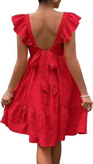 Bohemian Ruffled Backless Dress With A Square Neckline And Shirred Detailing