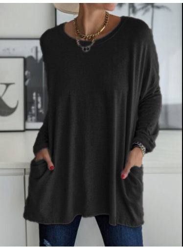 European And American Round Neck Long Sleeve Loose Pocket Solid Color