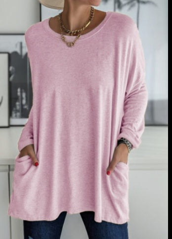 European And American Round Neck Long Sleeve Loose Pocket Solid Color
