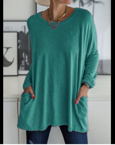 European And American Round Neck Long Sleeve Loose Pocket Solid Color