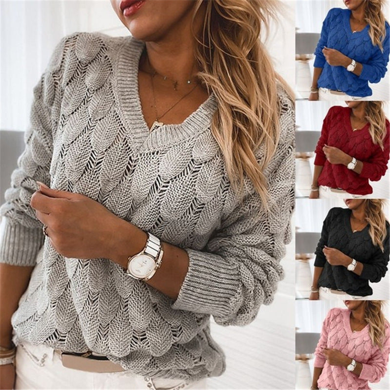 Ins Feather Hollow Knit Sweater Fashion V-neck Long-sleeved Top Women's Solid Color Clothing
