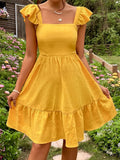 Bohemian Ruffled Backless Dress With A Square Neckline And Shirred Detailing