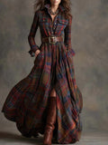 Ins Plaid Print Long-Sleeved Dress Fashion Pockets Collared Buttons Shirt Long Dresses Retro Women's Clothing