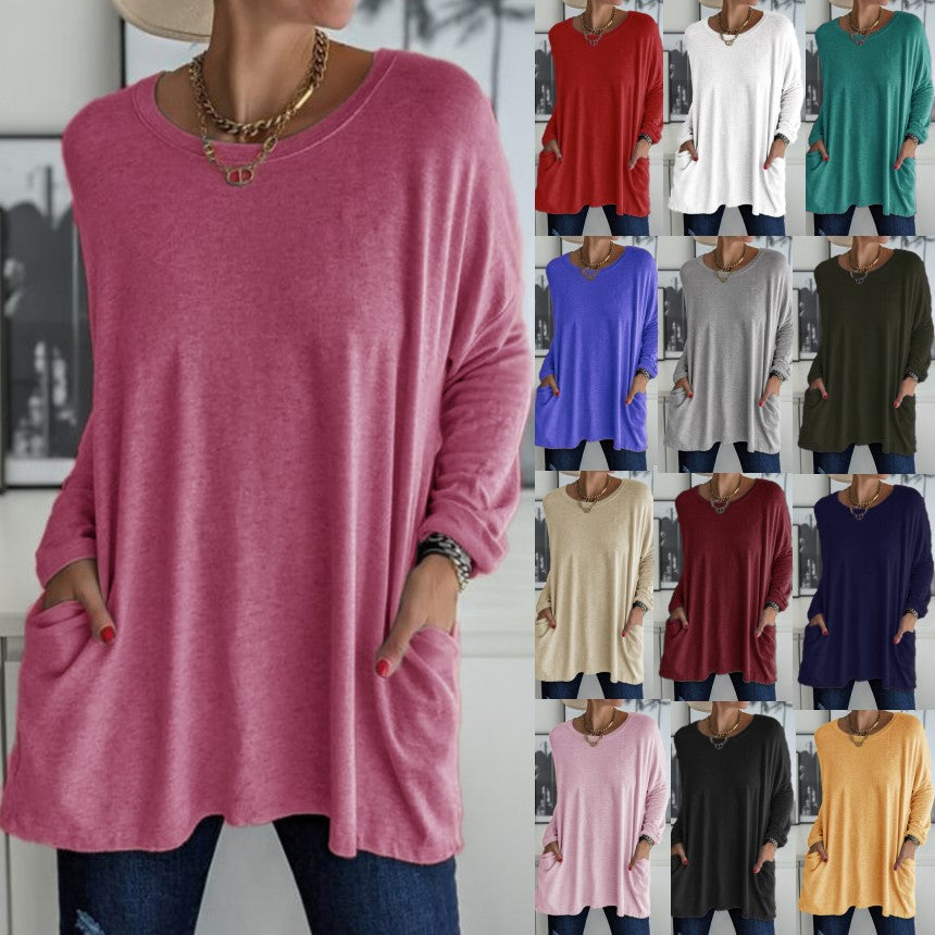 European And American Round Neck Long Sleeve Loose Pocket Solid Color