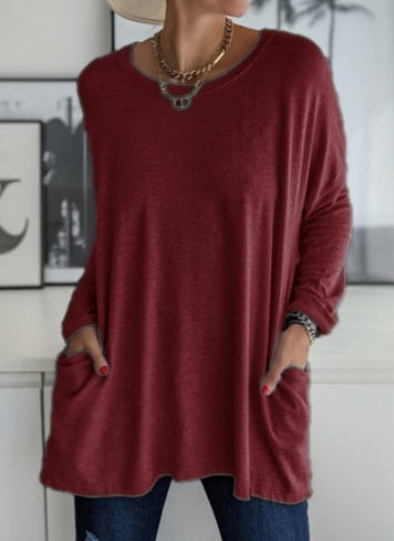 European And American Round Neck Long Sleeve Loose Pocket Solid Color