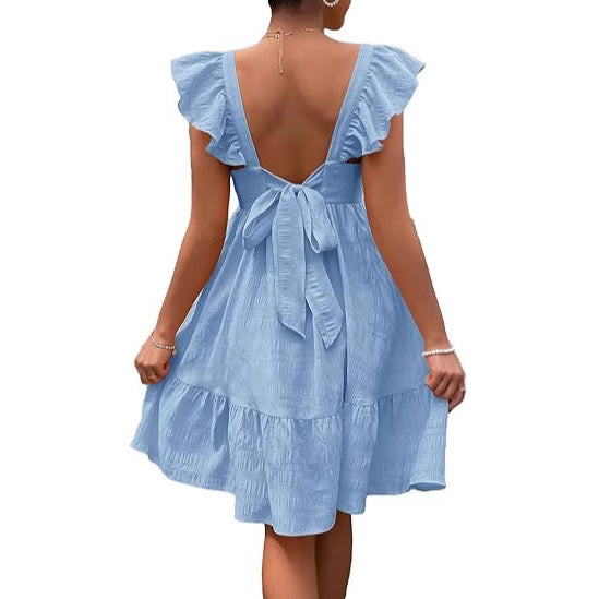Bohemian Ruffled Backless Dress With A Square Neckline And Shirred Detailing