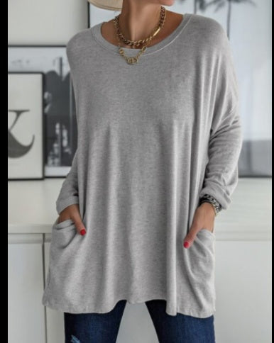 European And American Round Neck Long Sleeve Loose Pocket Solid Color
