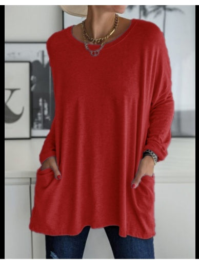 European And American Round Neck Long Sleeve Loose Pocket Solid Color