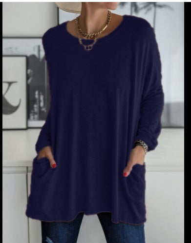 European And American Round Neck Long Sleeve Loose Pocket Solid Color