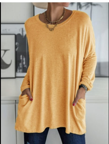 European And American Round Neck Long Sleeve Loose Pocket Solid Color