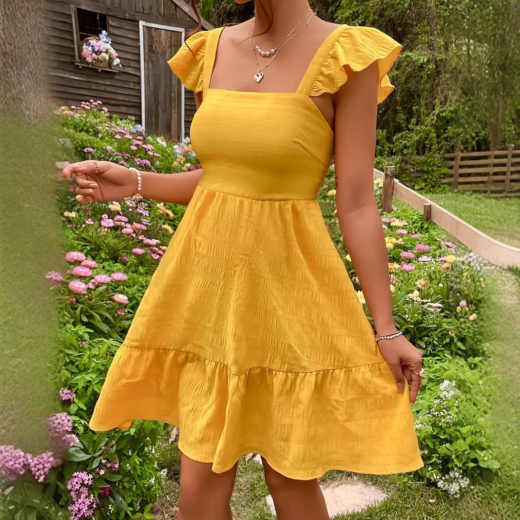 Bohemian Ruffled Backless Dress With A Square Neckline And Shirred Detailing