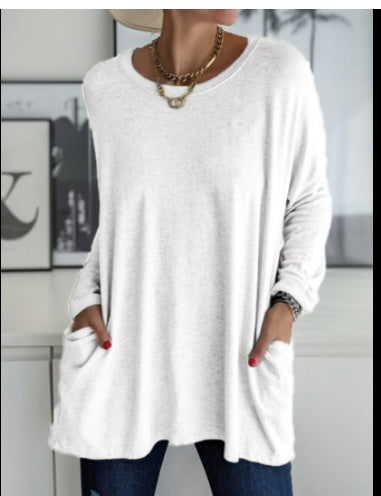 European And American Round Neck Long Sleeve Loose Pocket Solid Color